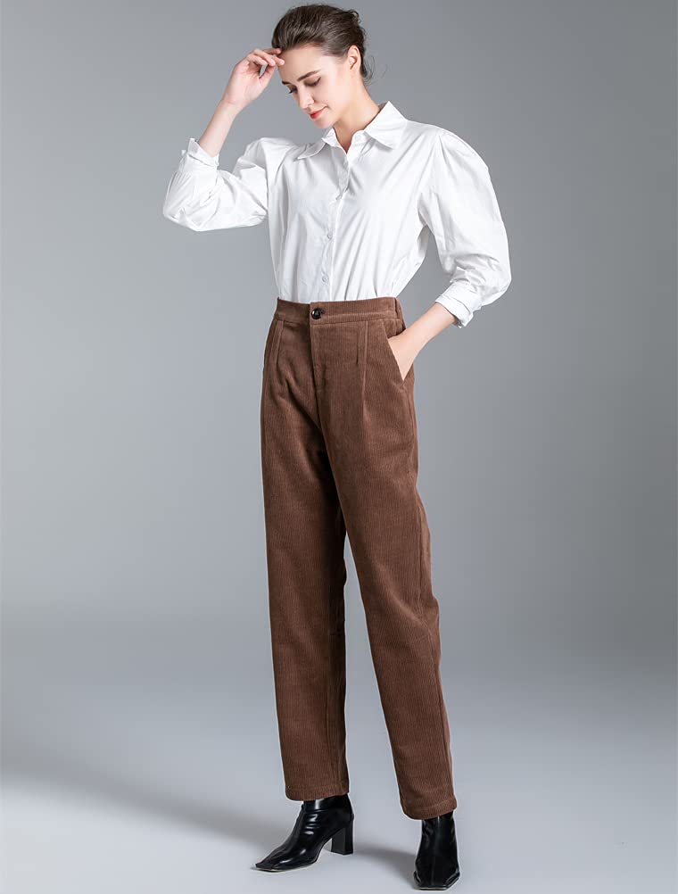 Minibee Women's Cropped Corduroy Pants Elastic Waist Retro Trouser with Pockets Brown - Image 4